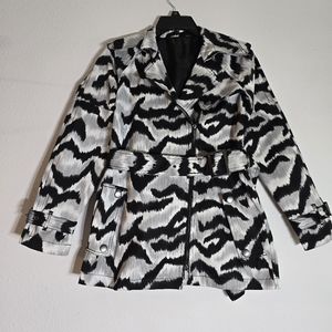 Kenneth Cole Animal Print Zip Up Belted Trench Coat Gray White Black size PXS